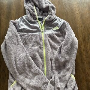 The North Face Plush Fleece Hoodie - Light Gray with Neon Trim GIRLS SIZE L